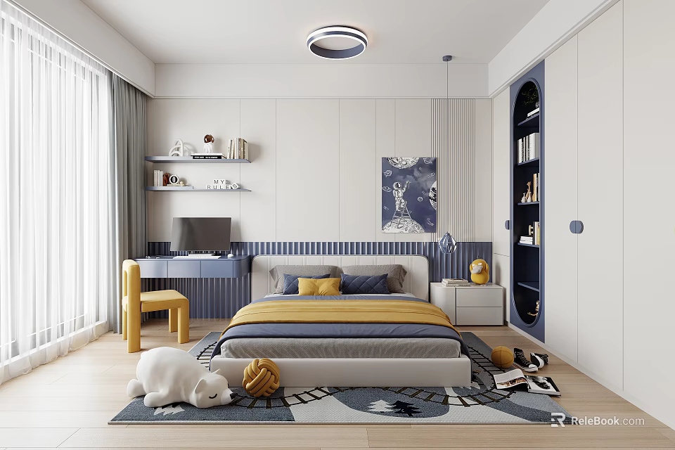 Modern Kids Bedroom Interior Design With Yellow Accents And Playful Elements 3d model 