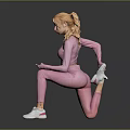 Fitness Stretching Scene With Pink Sportswear Mobile Phone Grey Background And Black Reflective Floor