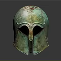 Ancient Greek Bronze Helmet Sculptural Carving With Ornate Patina Surface And Symmetrical Patterns