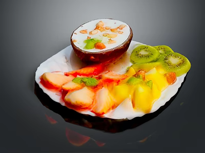 Coconut Dessert with Kiwi Slices Fresh Fruits Nuts on Shell Plate and Mint Garnish 3d model