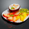 Coconut Dessert with Kiwi Slices Fresh Fruits Nuts on Shell Plate and Mint Garnish