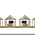 Hut Shaped Booths With LOGO Signs Human Figure Standee Ladders And Green Ground