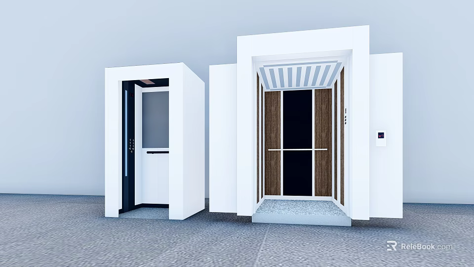 Sleek Modern Elevator Design With White Exterior Black Wooden Doors And Striped Ceiling 3d model 