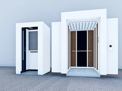 Sleek Modern Elevator Design With White Exterior Black Wooden Doors And Striped Ceiling 3d model