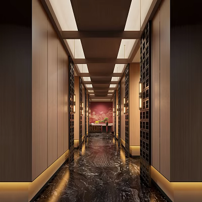 Elegant Hotel Corridor With Wooden Walls Recessed Ceiling Lights And Marble Flooring 3d model