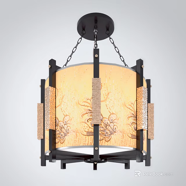 Traditional Chinese Style Chandelier With Decorative Patterned Shade And Black Metal Frame 3d model 