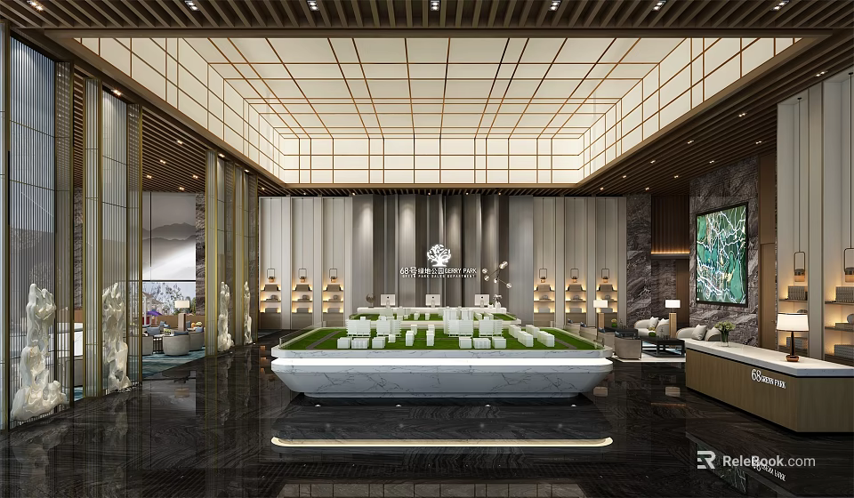 Modern Luxury Sales Office Interior With Grid Ceiling And Model House 3d model 