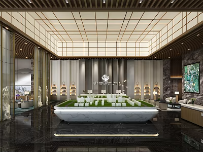 Modern Luxury Sales Office Interior With Grid Ceiling And Model House 3d model