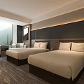 Modern Hotel Room Interior With Twin Beds Mountain View Window And Flat Screen TV