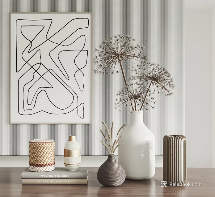 Modern Ornamental Decor Set With Abstract Line Art Dried Flowers White Vase Woven Metallic Pieces 3d model 