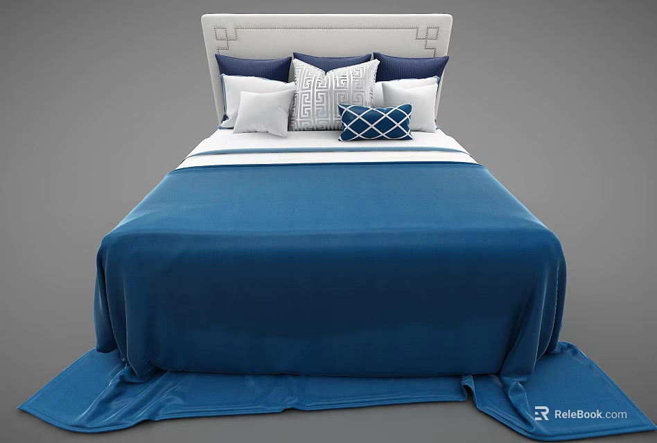 Cozy Double Bed With White Headboard Blue Bedspread And Decorative Pillows 3d model