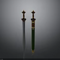Ornate Swords Featuring Silver Blade Green Scabbard Gold Red Accents And Cross Hilt