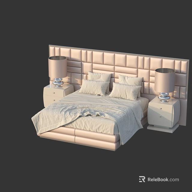 Double Bed With Soft Tufted Headboard White Bedside Tables And Table Lamps 3d model 