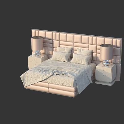 Double Bed With Soft Tufted Headboard White Bedside Tables And Table Lamps 3d model