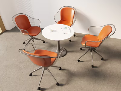 Four Orange Leisure Chairs With Metal Frame Surrounding White Round Table In Modern Room 3d model