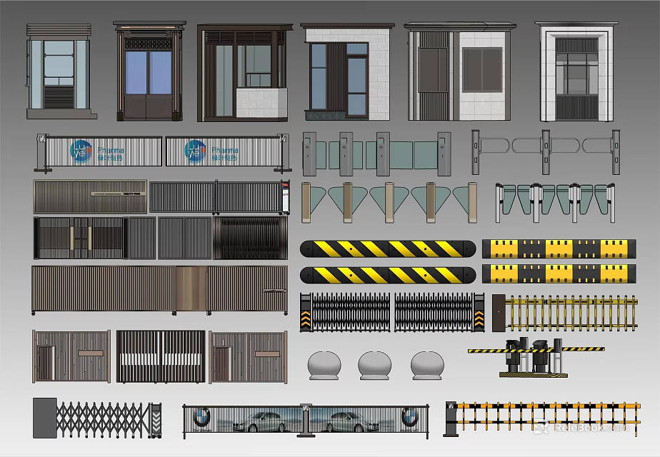 Public Facility Safety Entrance Doors Protective Railings And Yellow Black Striped Traffic Barriers 3d model 