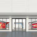 Modern Exhibition Hall With Circular Platform Digital Screens And City Backdrop Graphics