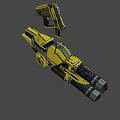 Futuristic Dual Barrel Weapon with Yellow Silver Design and Detailed Top Mounted Part