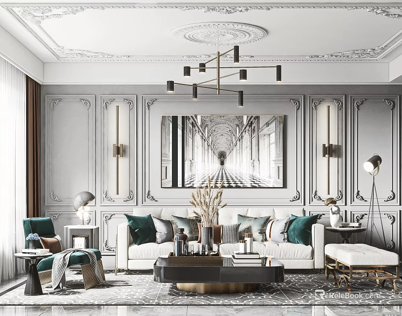 Elegant Living Room With Paneled Walls Chandelier Large Artwork And White Sofa Green Cushions 3d model 