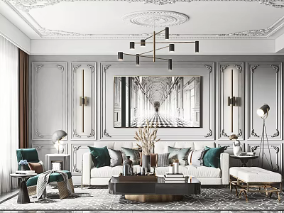 Elegant Living Room With Paneled Walls Chandelier Large Artwork And White Sofa Green Cushions 3d model