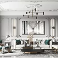 Elegant Living Room With Paneled Walls Chandelier Large Artwork And White Sofa Green Cushions