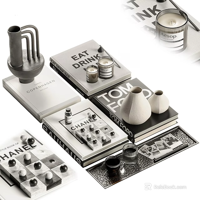 Elegant Modern Decorative Ornaments Set With Stylish Books Vases And Candles For Tabletop 3d model 