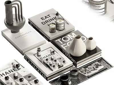 Elegant Modern Decorative Ornaments Set With Stylish Books Vases And Candles For Tabletop 3d model