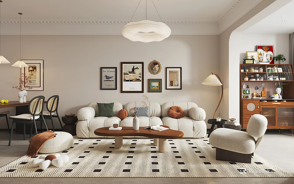 Modern Living and Dining Room Interior Design With Comfortable Sofa Decorative Paintings And Checkered Rug 3d model 