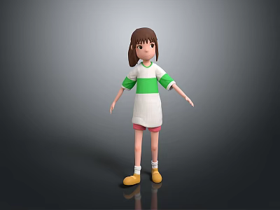 3D Child With Brown Hair Wearing Green White Shirt Pink Shorts Yellow Shoes Arms Outstretched 3d model