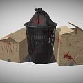 Black Trash Can With Plastic Bag And Cardboard Boxes With Blood Stains