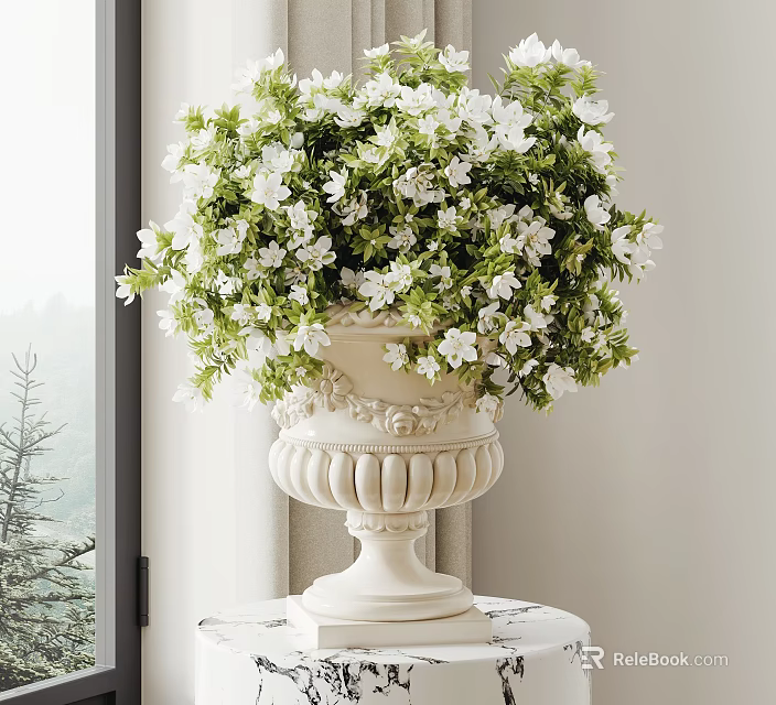 White Decorative Vase With Fresh White Flowers On Table By Window Side 3d model