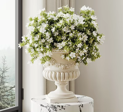 White Decorative Vase With Fresh White Flowers On Table By Window Side 3d model