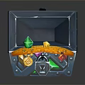 Open Blue Treasure Chest Filled with Gold Coins Green Yellow Red Gemstones Metal Decorations Lock