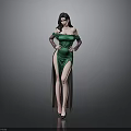 Elegant Woman In Green Off Shoulder High Slit Dress Standing With Black Gloves
