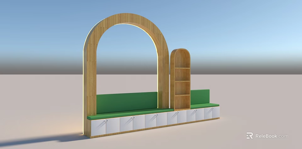 Modern Multi Person Sofa With Arched Wooden Structure Green Cushions And White Drawers 3d model 