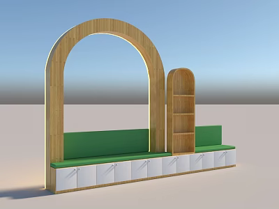 Modern Multi Person Sofa With Arched Wooden Structure Green Cushions And White Drawers 3d model