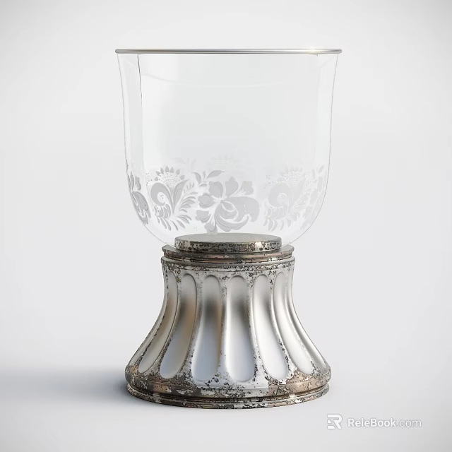 Candle Lamp with Transparent Glass Shade and Floral Patterns on Decorative Silver Base 3d model 