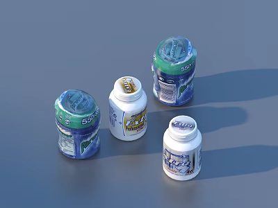 Four Daily Health Supplement Bottles With Different Colorful Labels And Designs 3d model