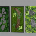 Three Framed Living Plant Walls with Stones Wooden Log and Decorative Rocks