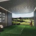 Indoor Golf Practice Space With Putting Green Artificial Grass Golf Bag Balls And Course View