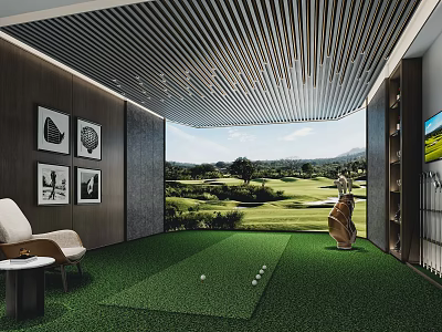 Indoor Golf Practice Space With Putting Green Artificial Grass Golf Bag Balls And Course View 3d model