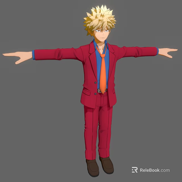 Anime Game Character With Blonde Hair Red Suit Blue Shirt Orange Tie And Arms Outstretched 3d model 