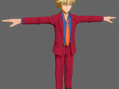 Anime Game Character With Blonde Hair Red Suit Blue Shirt Orange Tie And Arms Outstretched 3d model