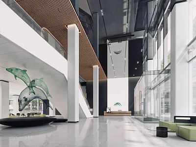 Modern Front Desk Reception Interior In Lobby With Glass Walls Green Sculpture And White Pillars 3d model