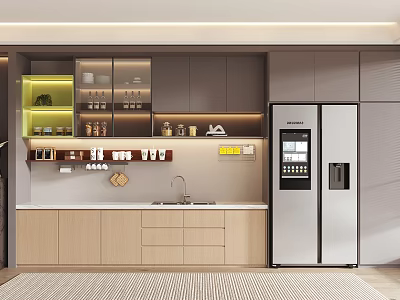 Modern Pantry Interior With Cabinets Refrigerator Sink Cups And Tea Sets On Shelves 3d model