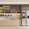 Modern Pantry Interior With Cabinets Refrigerator Sink Cups And Tea Sets On Shelves