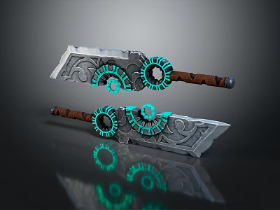 Fantasy Swords With Intricate Gear Design Green Glowing Elements And Brown Handles 3d model