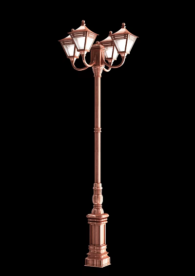 Copper Outdoor Floor Light With Decorative Curved Arms And Ornate Sculpted Pole Design 3d model