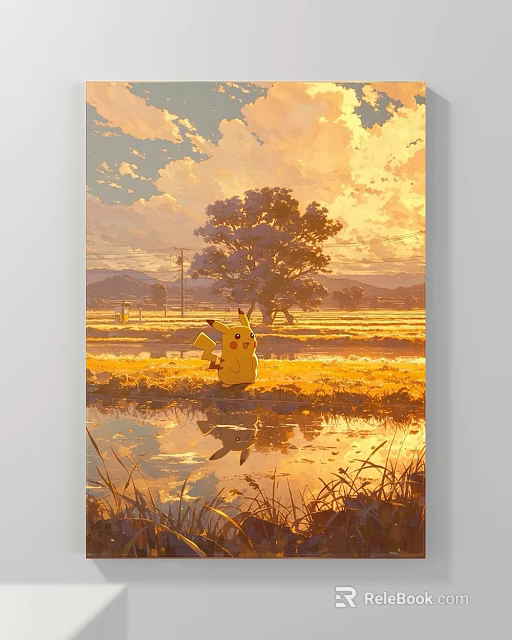 Scenic Sunset Landscape Painting With Pikachu Tree Grassland And Water Reflection 3d model 