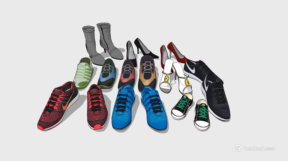 Assorted Colorful Shoes Collection With High Heels Sneakers And Casual Styles 3d model 